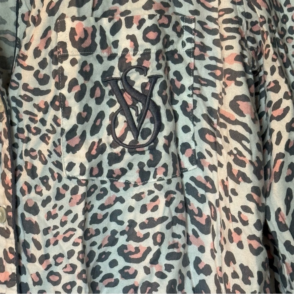 Victoria's Secret Leopard Print 2 Piece Pajamas Button Up Top Elastic/Tie Bottom - Picture 2 of 9
